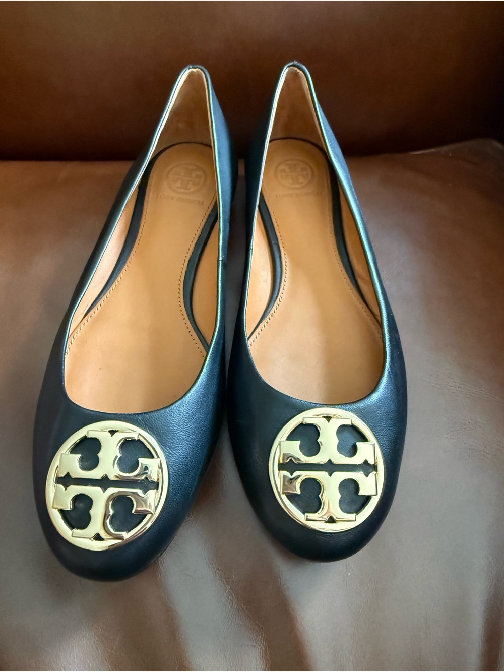 Tory Burch Black Leather Flats with Gold Logo Medallion